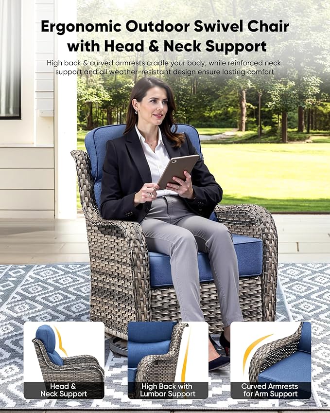 HUMMUH Outdoor Patio Wicker Swivel Rocker Chairs Set of 2 with 6-Inch Thick Cushion High Back Wicker Conversation Set for Porch Balcony Deck