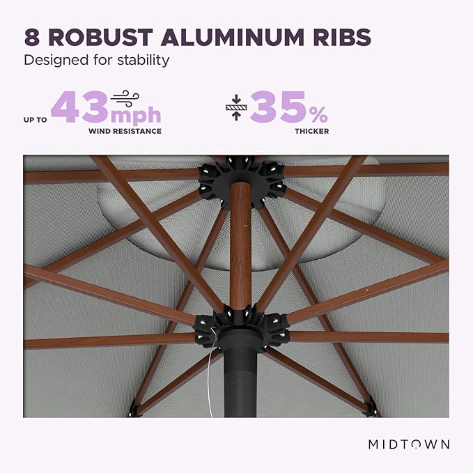 Midtown Umbrellas The Wooden 10 Feet Patio Umbrella With Terylast Matter (Grey) Polyester Fabric - Aluminum Frame Market Umbrella For Backyard, Deck, Garden, Pool - Wooden Pole