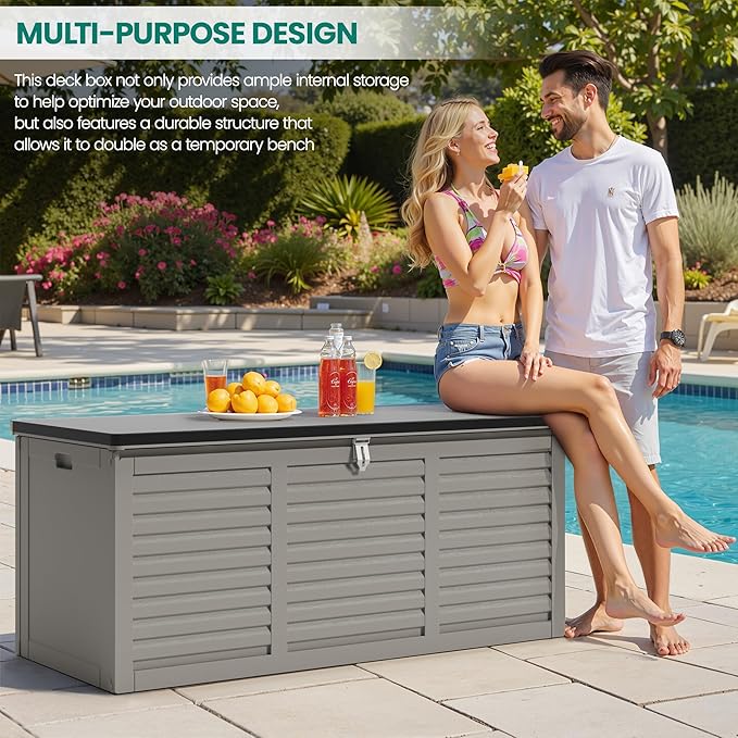 HUGROVE Resin Deck Box, 130 Gallon Outdoor Storage Box with Lockable Lid, Waterproof Patio Storage for Garden Tools & Outdoor Accessories (Dark Black) (Light Gray)