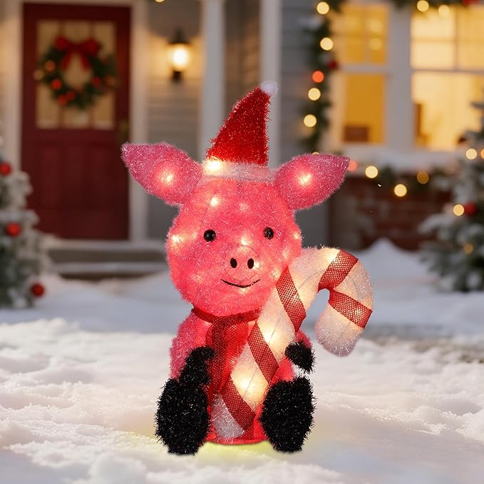 Prsildan Christmas Lighted Decoration 21" Pink Pig, 35 Lights 3D Pig with Christmas Hat & Candy Canes, Cute Decorations for Indoor Outdoor Home Kitchen Yard Garden Holiday Party