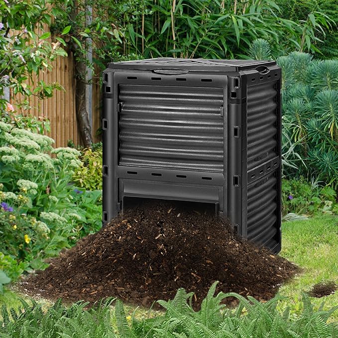 Happygrill Outdoor Compost Bin, Composting Box w/Top Flip Latch-on Lid,80 Gallons Composter for Kitchen Waste & Garden Scraps, Compost Barrel for Fast Creation of Fertile Soil (Black)