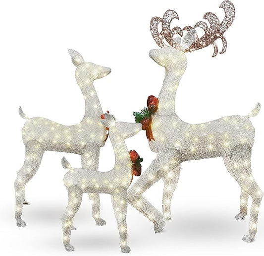 Lamerge Lighted Reindeer Family Set of 3, Christmas Decorative Deer with Red Bow and Ground Stake, Indoor or Outdoor Christmas Holiday Decoration for Yards Lawn Patio -White