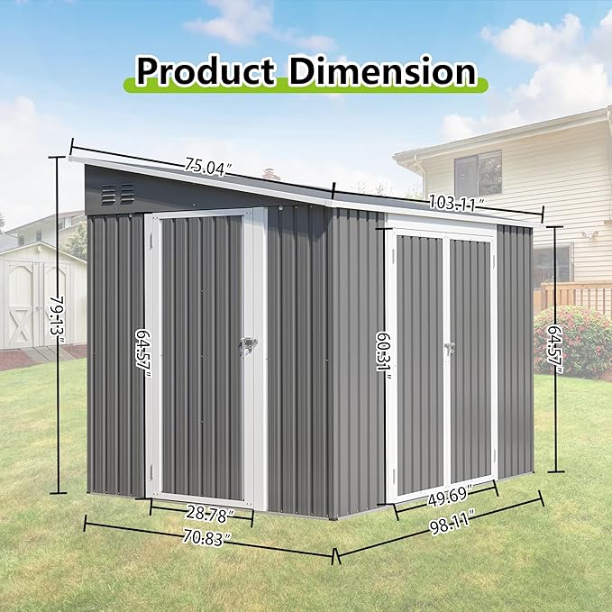 6x8FT Lean to Shed Metal Outdoor Storage Sheds with Floor Frame,Large Tool&Lawn Mower Shed with Two Lockable Doors for Garden Backyard Patio Storage,Outside Waterproof Storage Shed