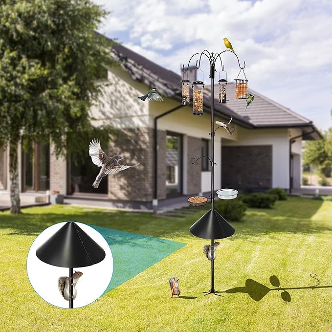 6-Hook Bird Feeding Station, Steel Multi-Feeder Kit Stand for Attracting Wild Birds w/ 4 Bird Feeders, Bird Bath, Mesh Tray and Squirrel Guard Baffle，94 Inch