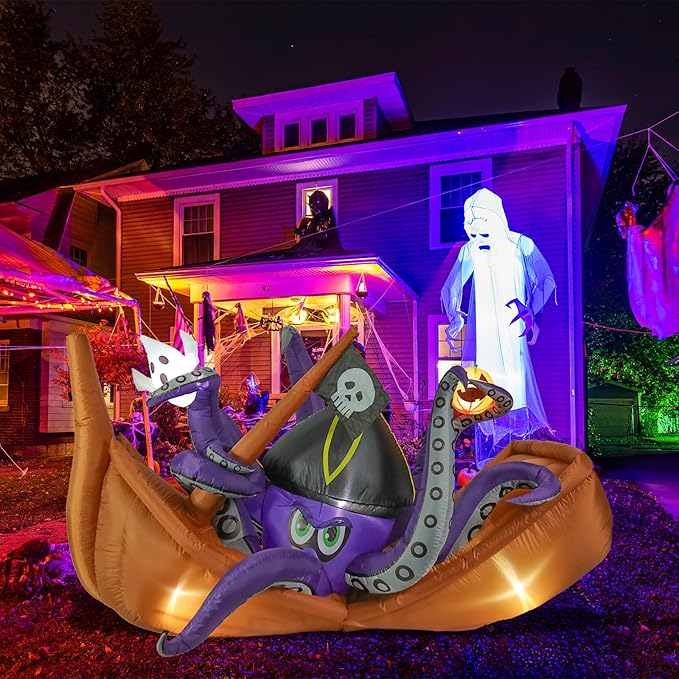 VCUTEKA 7FT Halloween Inflatable Octopus Pirate Ship Pumpkin Ghosts Outdoor Decoration, Blow Up Decor with LED Lights for Holiday Party Inflatables Indoor Home Garden Lawn Yard Decorations