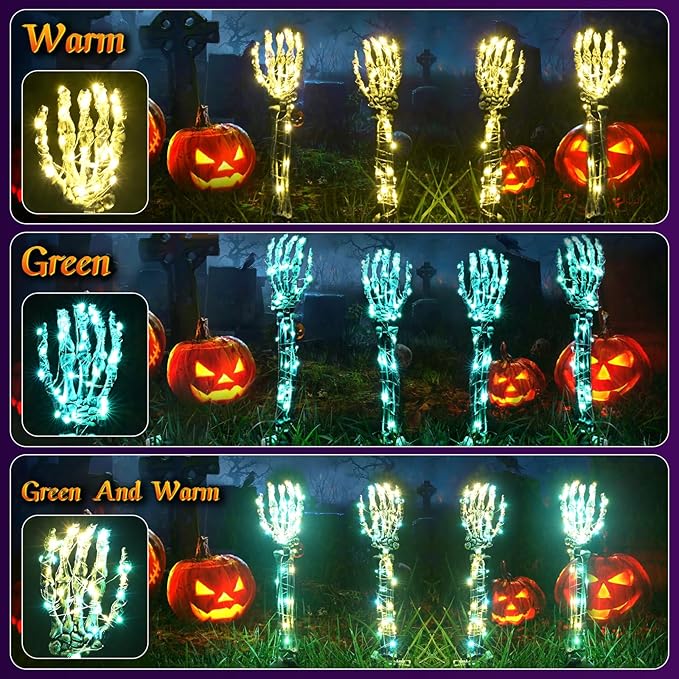 Halloween Lighted Skeleton Hands Set, 4 Pack Light Up Skeleton Arm Stakes, 4 x 3m 240 LED Green & Warm Lights with 3 Modes, Realistic Halloween Yard Outdoor Decorations Graveyard Garden