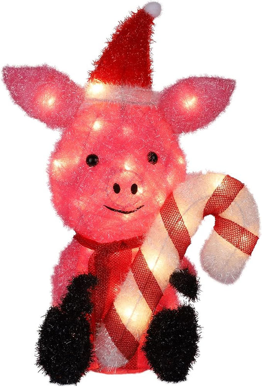 Prsildan Christmas Lighted Decoration 21" Pink Pig, 35 Lights 3D Pig with Christmas Hat & Candy Canes, Cute Decorations for Indoor Outdoor Home Kitchen Yard Garden Holiday Party