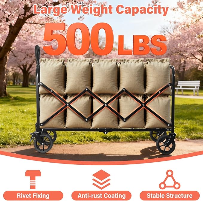 Collapsible Wagon Cart Foldable - Extra Large 500 lbs Capacity Portable Folding Beach Wagon with Wheels - Heavy Duty Utility Cart for Groceries, Shopping, Camping, Sports, Garden - Black