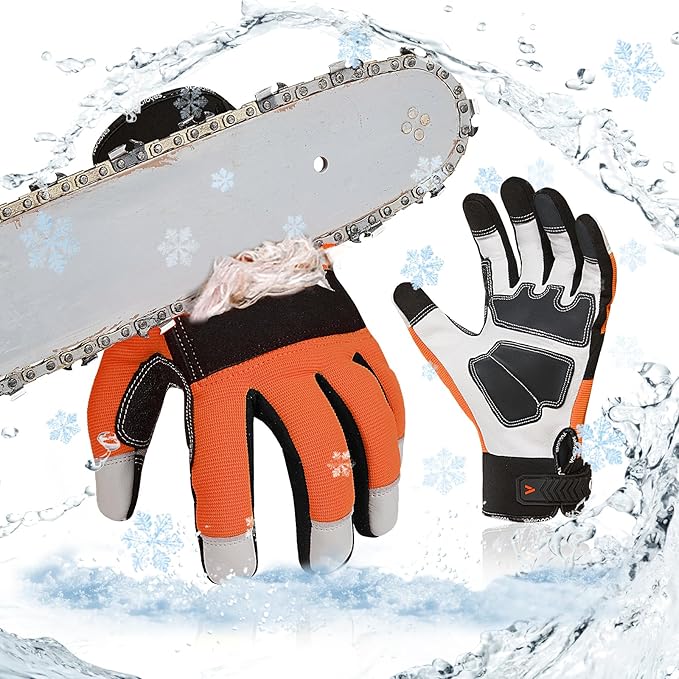 Vgo... 1Pair Chainsaw Winter Gloves,12-Layer Chainsaw Protection on Left Hands Back,Goat leather(S,Hi-Viz Orange,GA8912FWCS)