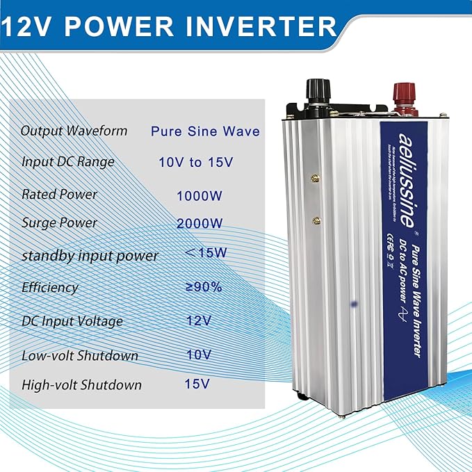 1000W Pure Sine Wave Inverter-12V DC to 110V 120V AC Power Converter with 2 AC Outlets, 12 Volt Power Inverter for Home, Emergency Power