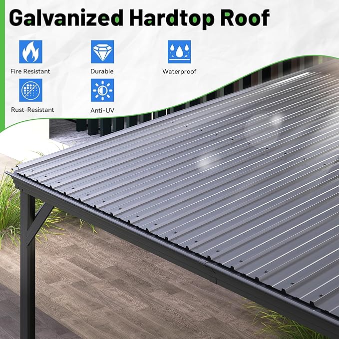 10x10FT Lean to Gazebo, Outdoor Hardtop Wall Mount Gazebo with Gutter & Sloping Galvanized Steel Roof, Metal Hard Top Awnings for Deck, Porch, Backyard