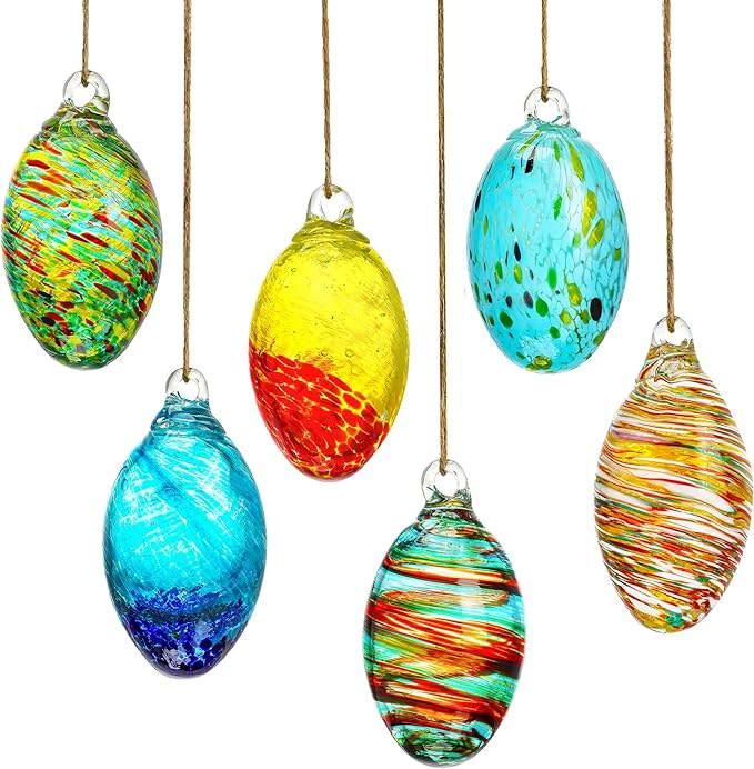 Set of 6 Hand Blown Glass Egg Ornaments Hanging Gazing Ball Witches Ball Friendship Decor for Home Outdoor Wedding Party Christmas Tree