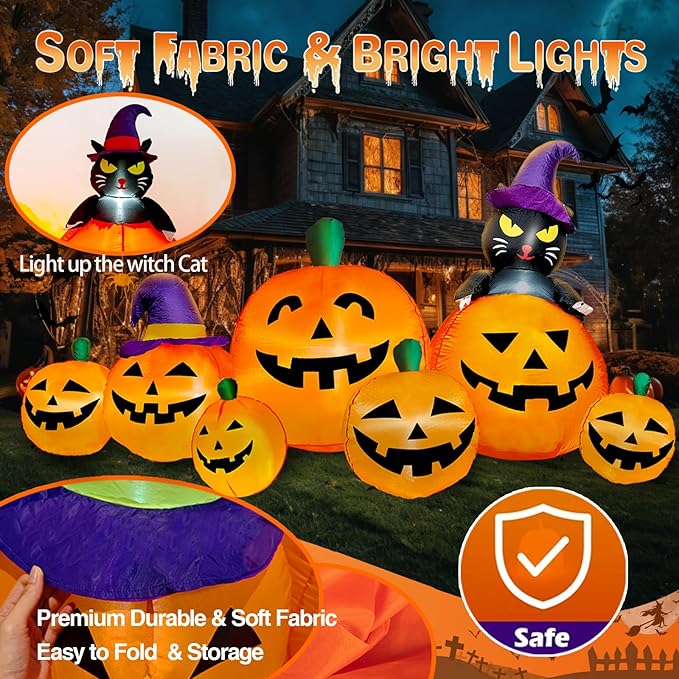8 FT Long Halloween Inflatables Pumpkin Outdoor Decorations, 7 Pumpkins Outside Decoration with Black Cat with Build-in LEDs Blow Up Inflatables for Party Yard Lawn Garden Decor