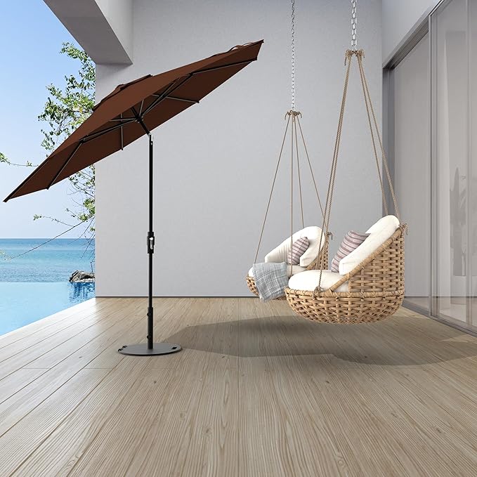 Midtown Umbrellas The Swilt 9 Feet Patio Umbrella in Sunbrella Bay Brown Acrylic Fabric - Fiberglass Ribs, Auto-Tilt Aluminum Frame For Backyard, Deck, Garden, Pool - White Pole