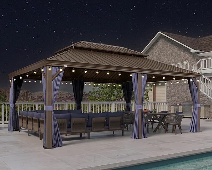 PURPLE LEAF 14' X 20' Outdoor Hardtop Gazebo Patio Wide Aluminum Frame Metal Double Roof with Heavy Duty Netting and Curtains for Permanent Hard Top Pavilion Screen, Navy Blue