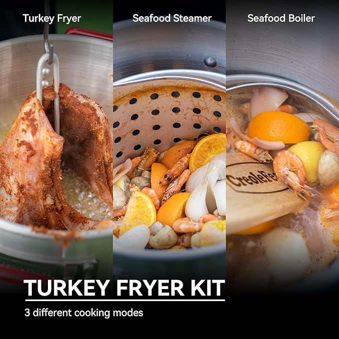 Creole Feast TFP1030 30 Qt. Turkey Fryer and 10 Qt. Fish Fryer Kit with 50,000 BTUs Propane Burner, Outdoor Deep Fryer & Seafood Boiler Steamer for Outdoor Cooking, Silver & Black