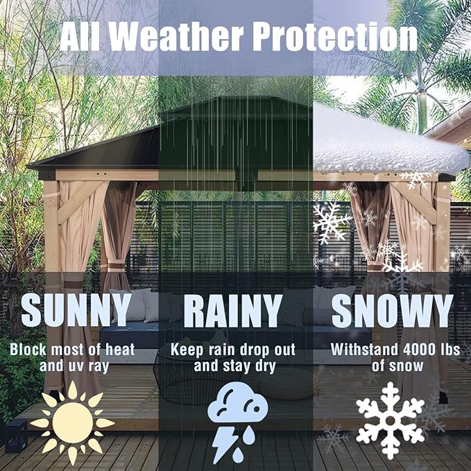 CHARMELEON Hardtop Wood Gazebo 10x12 ft – Cedar Wood Frame Gazebo with Double Metal Roof – Outdoor Wooden Gazebos Pavilion for Patio, Backyard and Deck – Frosted Black Top & Grayish Brown Frame