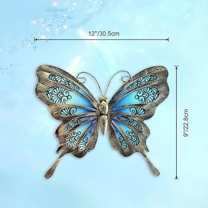 LIFFY Metal Butterfly Outdoor Decor 12" Hanging Glass Butterflies Wall Decor Garden Art Decorative Ornaments Outside Indoor Home Decor for Living Room Bedroom Patio Fence