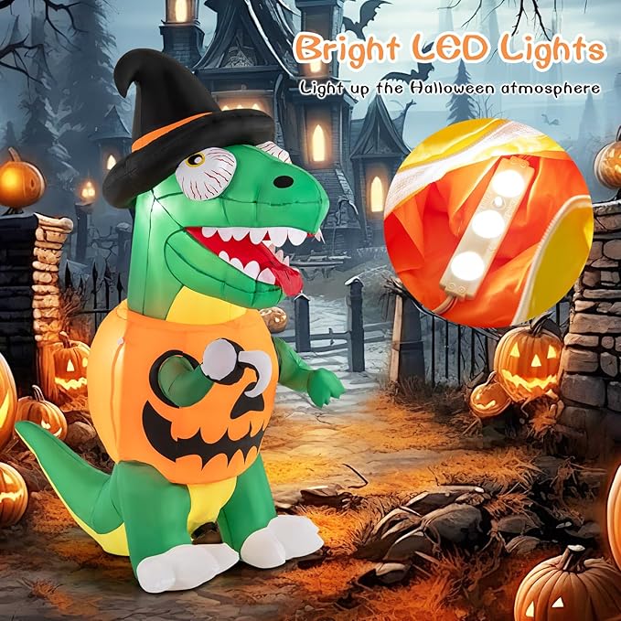 Goplus 6 FT Inflatable Pumpkin Dinosaur, Blow up Yard Decoration with Built-in LED Lights & Witch Hat, Halloween Inflatable Decoration with Stakes, Tethers & Sandbag, for Garden, Yard & Lawn