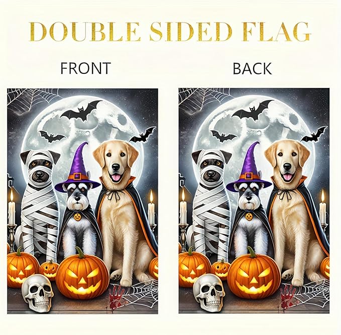 Halloween Garden Flag 12x18 Flag Double Sided Dogs Cat Garden Flag Witch Hats Pumpkins And Full Moon Cute And Spooky Outdoor Yard Lawn Decoration Banner
