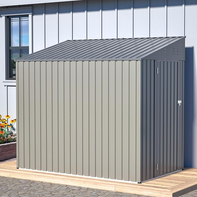 4x8 FT Outdoor Storage Shed,Lean to Lockable Metal Garden Shed Steel with Reinforced Beams,All Weather Waterproof Storage House W/Lockable Door&2 Air Vents,for Backyard,Patio,Lawn,Garden,Gray