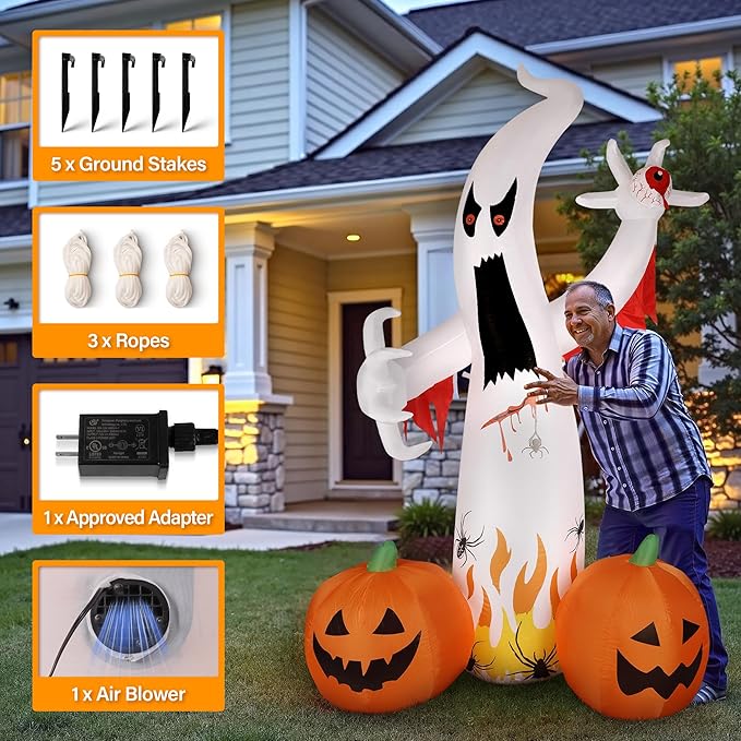 8FT Halloween Inflatables Ghost Decorations with Built-in LED Lights,Blow Up Scary Red Eye Pumpkin for Outdoor Halloween Party Garden Lawn Holiday Decor