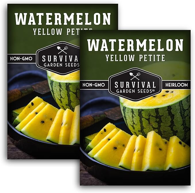 Survival Garden Seeds - Yellow Petite Watermelon Seed for Planting - 2 Packs with Instructions to Plant and Grow Small Yellow Watermelons in Your Home Vegetable Garden - Non-GMO Heirloom Variety