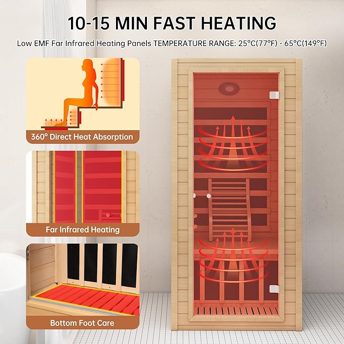 springspa Far Infrared Sauna 1 Person Indoor Sauna Spa Room, Canadian Hemlock Wooden Infrared Saunas for Home with Low Emf Lighting, Bluetooth Speakers, LCD Control Panel, 9 Chromotherapy