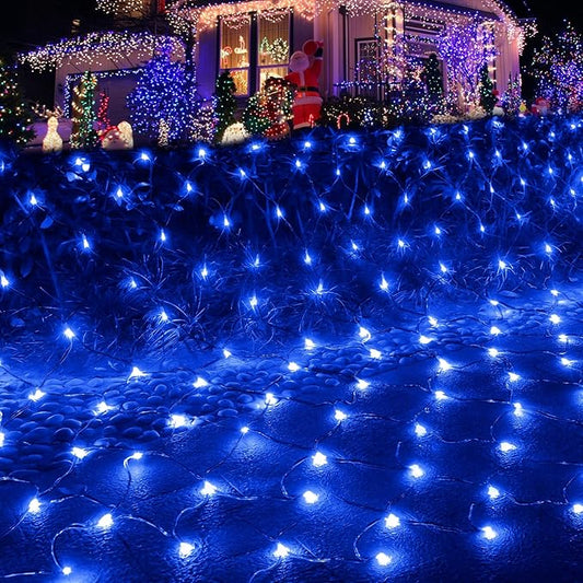 Pooqla Net Lights, 300LED Christmas Outdoor Mesh Light, 14.8x4.9 ft Fairy String Light with 8 Modes Green Wire, Connectable Waterproof for Bushes Tree Garden Halloween, Blue