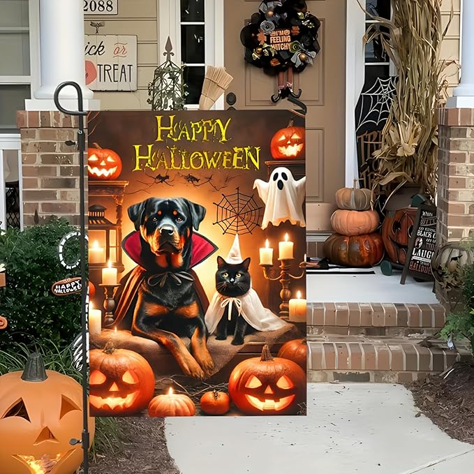 Happy Halloween Garden Flag Double Sided 12x18 Flag Halloween Cat Dog Ghosts Pumpkins Garden Flag Holiday Decoration Rottweiler Black Cat Garden Flag Porch Outdoor Yard Lawn Patio Banner