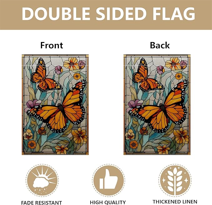 Garden Flags, Butterfly Garden Flag, Stained Glass Style Butterfly Floral Flag Double-Sided Flags for Farmhouse Yard Outdoor Decoration-12 x 18inch