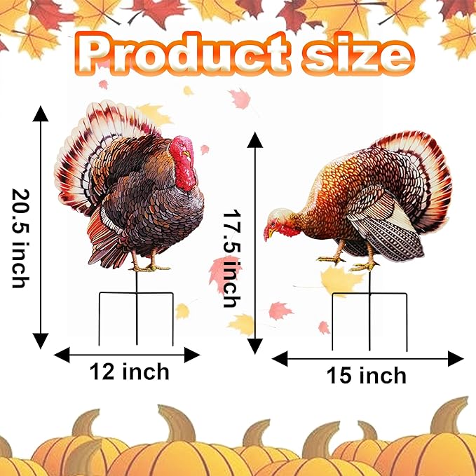 A Set of Metal Turkey Garden Wooden Stakes, 2 Outdoor Thanksgiving Yard Decorations, Colorful Turkey Garden Statues, Waterproof and Stable (Colorful Turkeys)