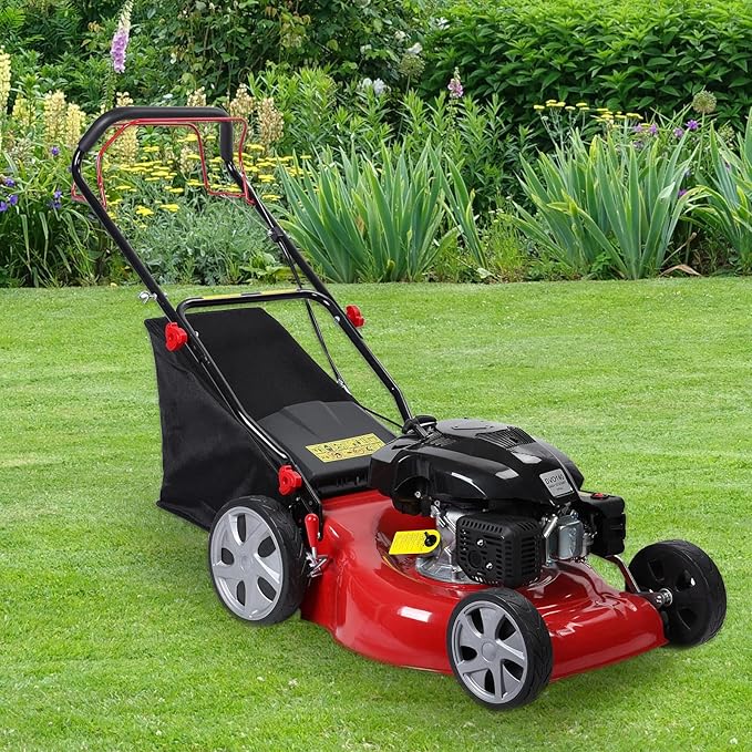 Self Propelled Gas Lawn Mower, 141cc Push Mower Gas Powered, 20" Blade, 4-Stroke Engine, Big Wheels, 50L Bag, Foldable Handle