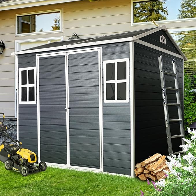 8x6 ft Resin Outdoor Storage Shed with Two-Window and Double-Door, Plastic Shed with Floor for Gargen, Patio, Yard, Lawn, Grey (1 Doors) (Black, 8x6 ft)