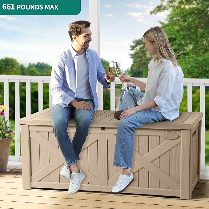 YITAHOME 120 Gallon Large Deck Box with X-Shaped Front, Resin Outdoor Storage Boxes, Waterproof Cushion Storage Bench for Patio, Pool Supplies, Garden Tools - Lockable, Taupe