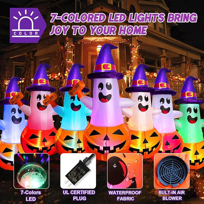 5FT Halloween Inflatables Decorations Outdoor Pumpkin Ghost with Multi-Color Flashing Build-in LED Blow Up Yard Decor Inflatables Clearance for Halloween Party Indoor Outdoor Yard Garden Lawn