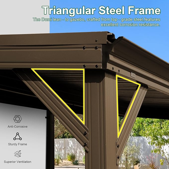 Domi 8’x10’ Lean-to Gazebo, Hardtop Wall-Mounted Gazebo Pergola with Sloping Galvanized Steel Roof and Upgraded Drainage System, Outdoor Permanent Metal Shelters for Patio Backyard Deck, Brown