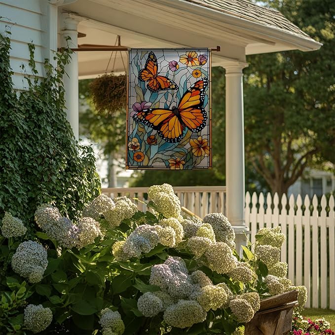 Garden Flags, Butterfly Garden Flag, Stained Glass Style Butterfly Floral Flag Double-Sided Flags for Farmhouse Yard Outdoor Decoration-12 x 18inch