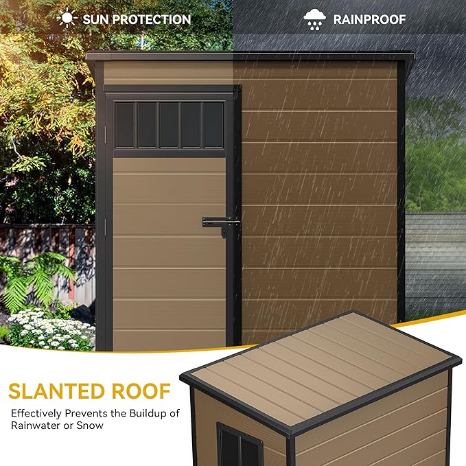 DWVO 5x3FT Outdoor Storage Shed with Fence-Style and Side Windows, Floor, Lockable Doors, Plastic Storage for Backyard and Garden, Brown
