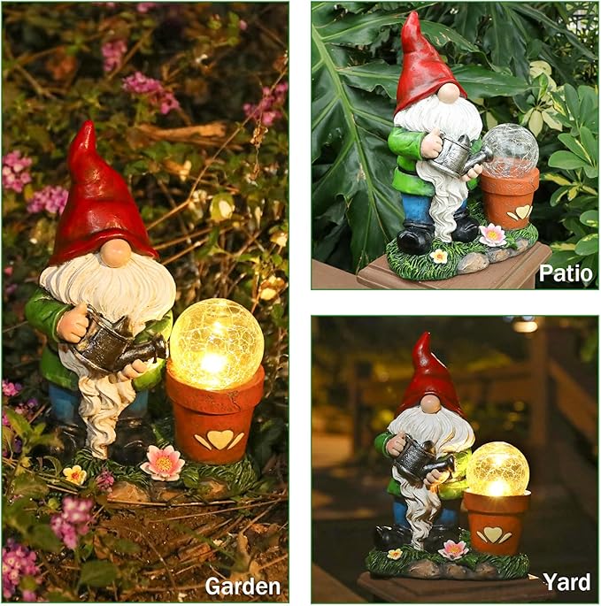 Garden Gnome Statue, Resin Pots with Crack Ball Gnome Figurine with Solar Lights for Porch Patio Yard Outdoor Decor