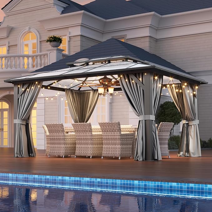 Aoxun 12'x14' Hardtop Gazebo, Aluminum Frame Permanent Pavilion with Netting and Curtains, Outdoor Polycarbonate Double Roof Canopy, Designed for Lawn, Garden, Patio (Gray)