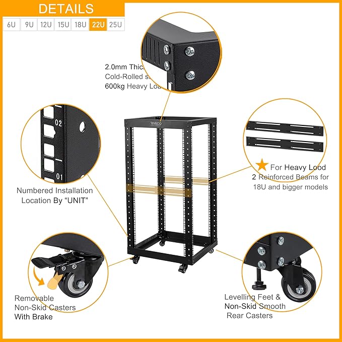 RIVECO 22U Open Frame Server Rack with Wheels- Heavy Duty 4 Post Quick Assembly 19-inch, Stereo Rack Rolling Network Shelf Black