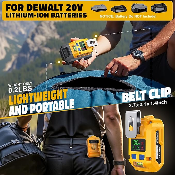 100W USB Battery Adapter Compatible with Dewalt 20V, LIVOWALNY Power Inverter Battery Inverter Charger Power Station with Type-C Port & USB Port & LED Light for Electronic Device (Tool Only)