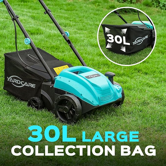 13-Inch 2-in-1 Electric Dethatcher & Scarifier, 12 Amp Lawn Tool with 8 Gal Collection Bag, Adjustable Depth, Powerful Motor for Healthier Grass