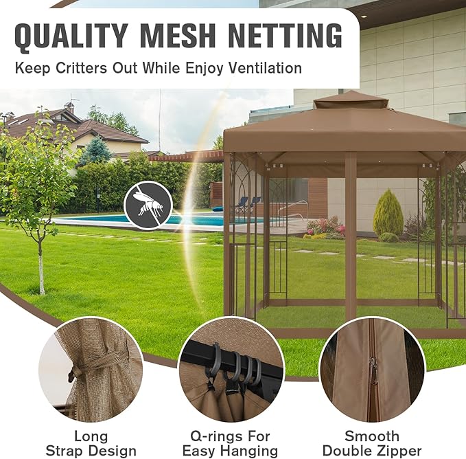 COOS BAY 8x8 Outdoor Patio Gazebo with Netting and Corner Shelves, Two-Tier Soft Top Canopy for Backyard, Lawn, Deck and Garden, Brown