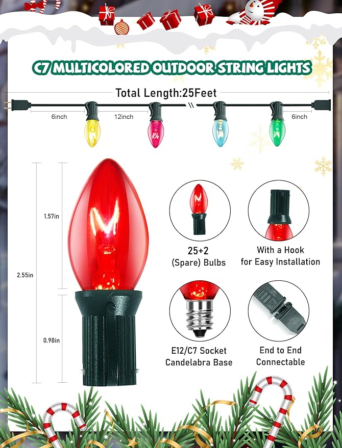 C7 Christmas Lights Outdoor, 25Ft Vintage Christmas String Lights with 27 Multicolor Clear Bulbs, Hanging Christmas Decorations Lights for Roofline House Garden Patio Backyard Party-Green