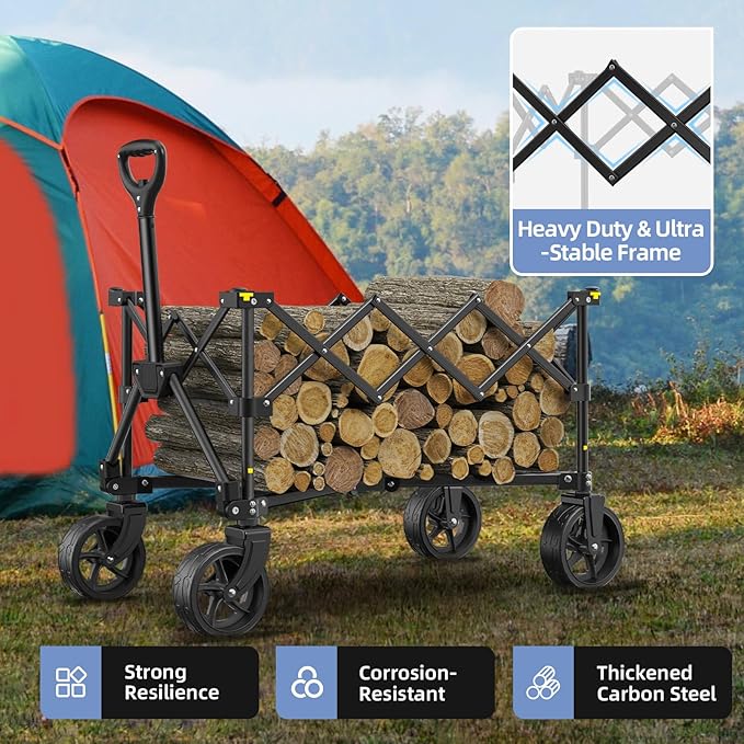 Collapsible Wagon with Wheels,220 lbs Capacity Heavy Duty Wagons Carts with Flexible Handle,Lightweight Portable Folding Utility Cart for Grocery Shopping,Camping,Garden,Sports