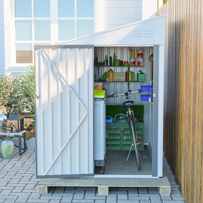 4x8 FT Outdoor Storage Shed,Lean to Lockable Metal Garden Shed Steel with Reinforced Beams,All Weather Waterproof Storage House W/Lockable Door&2 Air Vents,for Backyard,Patio,Lawn,Garden,White