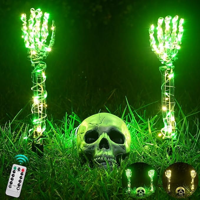 Maxee Halloween Luminous Skeleton Skull Set, 1 Skull & 2 Skull Hands with 5 m Fairy Lights & Remote Control (8 Modes & Timer), 2 Warm Fairy Lights (3 Modes), Halloween Decoration for Outdoor Garden