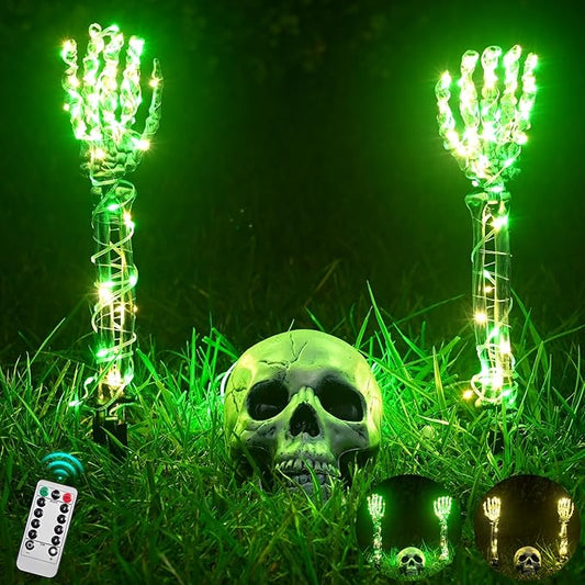 Maxee Halloween Luminous Skeleton Skull Set, 1 Skull & 2 Skull Hands with 5 m Fairy Lights & Remote Control (8 Modes & Timer), 2 Warm Fairy Lights (3 Modes), Halloween Decoration for Outdoor Garden